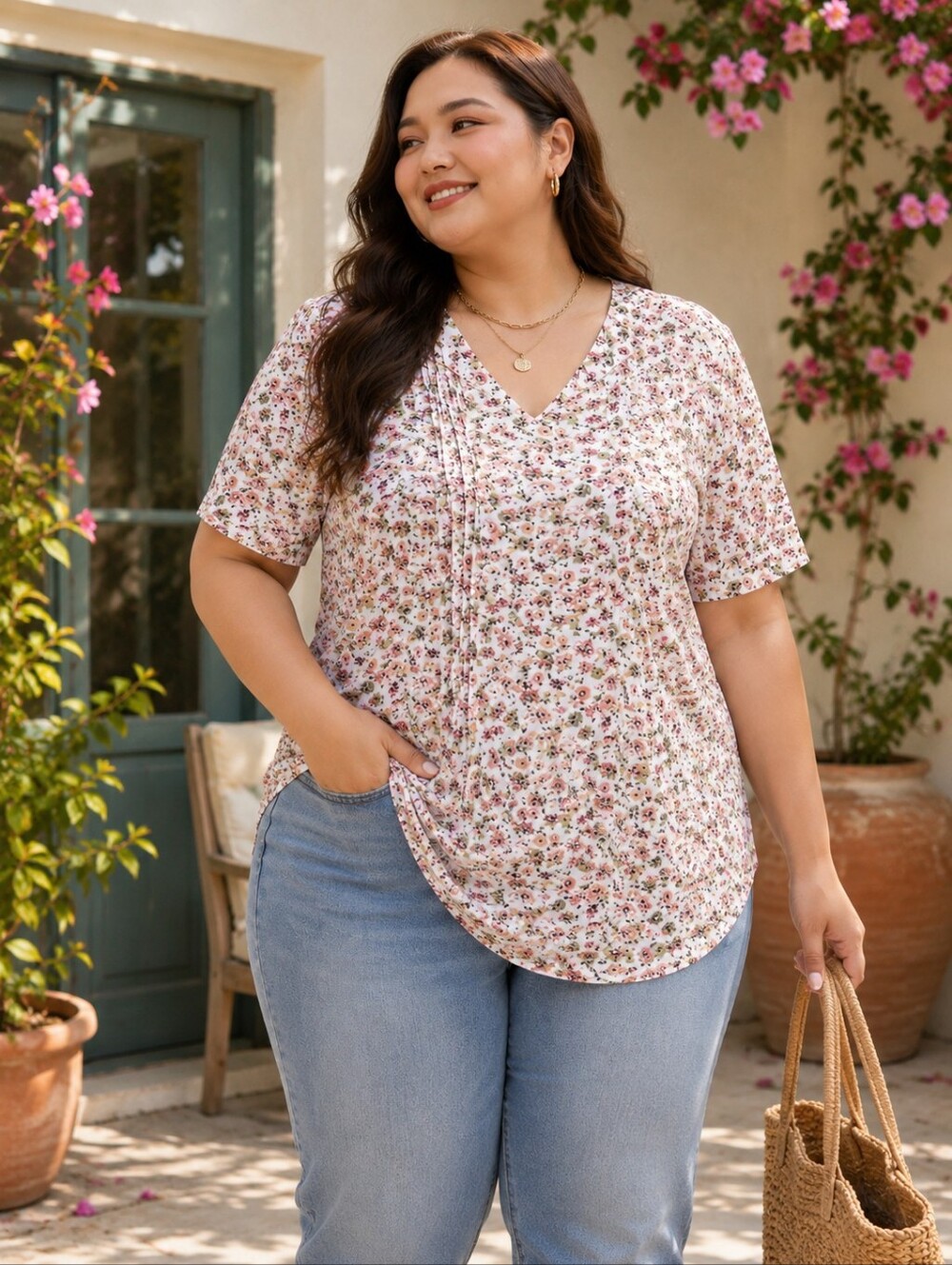 Floral V-Neck Blouse Women’s 2X NWT Short Sleeve Spring Summer Top‎
